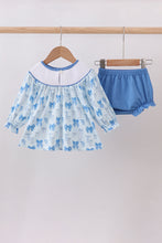 Load image into Gallery viewer, Blue bow smocked bloomer set
