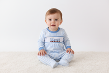 Load image into Gallery viewer, Blue train smocked stripe romper
