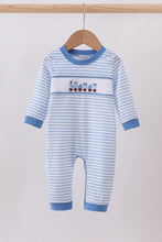 Load image into Gallery viewer, Blue train smocked stripe romper
