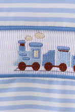 Load image into Gallery viewer, Blue train smocked stripe romper
