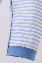 Load image into Gallery viewer, Blue train smocked stripe romper
