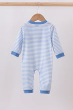 Load image into Gallery viewer, Blue train smocked stripe romper

