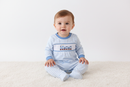 Blue train smocked stripe romper