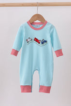 Load image into Gallery viewer, Blue vehicle emboridery romper
