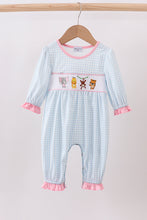 Load image into Gallery viewer, Blue animal smocked ruffle romper
