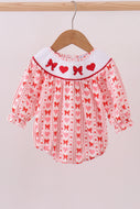 Red heart bow smocked bubble