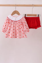 Load image into Gallery viewer, Red heart bow smocked bloomer set
