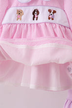 Load image into Gallery viewer, Pink puppy embroidery seersucker ruffle pants set
