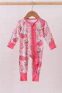 Pink heart print bamboo pajama ruffle zipper romper