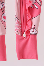 Load image into Gallery viewer, Pink heart print bamboo pajama ruffle zipper romper
