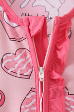 Load image into Gallery viewer, Pink heart print bamboo pajama ruffle zipper romper
