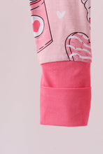 Load image into Gallery viewer, Pink heart print bamboo pajama ruffle zipper romper
