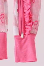 Load image into Gallery viewer, Pink heart checkered bamboo ruffle pajama zipper romper
