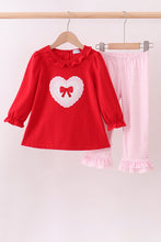 Load image into Gallery viewer, Red heart bow applique ruffle pants set
