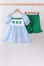 Load image into Gallery viewer, Blue clover embroidery swiss dot shorts set

