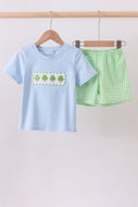 Blue clover embroidery shorts set