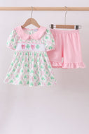 Pink clover bow embroidery shorts set