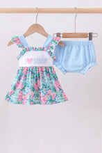 Load image into Gallery viewer, Blue I love MOMMY embroidery ruffle blooner set

