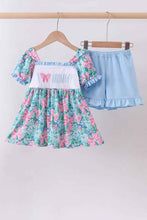Load image into Gallery viewer, Blue I love MOMMY embroidery ruffle shorts set
