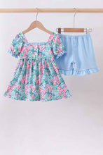 Load image into Gallery viewer, Blue I love MOMMY embroidery ruffle shorts set
