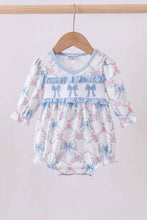 Load image into Gallery viewer, Blue bow floral smocked bubbe
