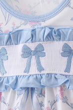 Load image into Gallery viewer, Blue bow floral smocked bubbe
