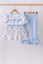 Load image into Gallery viewer, Blue bow floral smocked ruffle pants set
