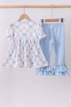 Load image into Gallery viewer, Blue bow floral smocked ruffle pants set
