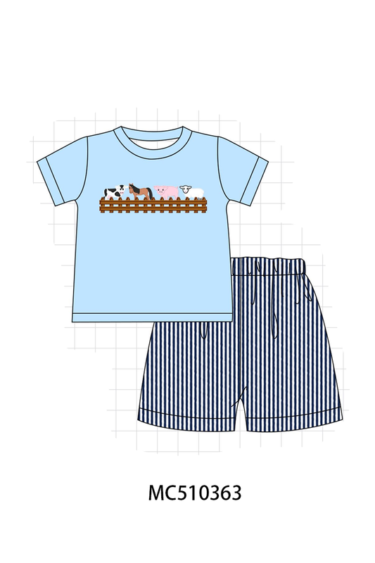 Blue farm animal embroidery shorts set