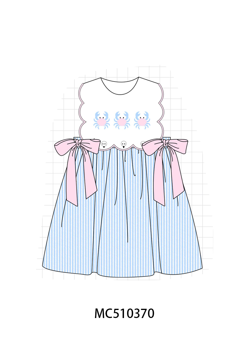 Blue crab embroidery seersucker bow dress