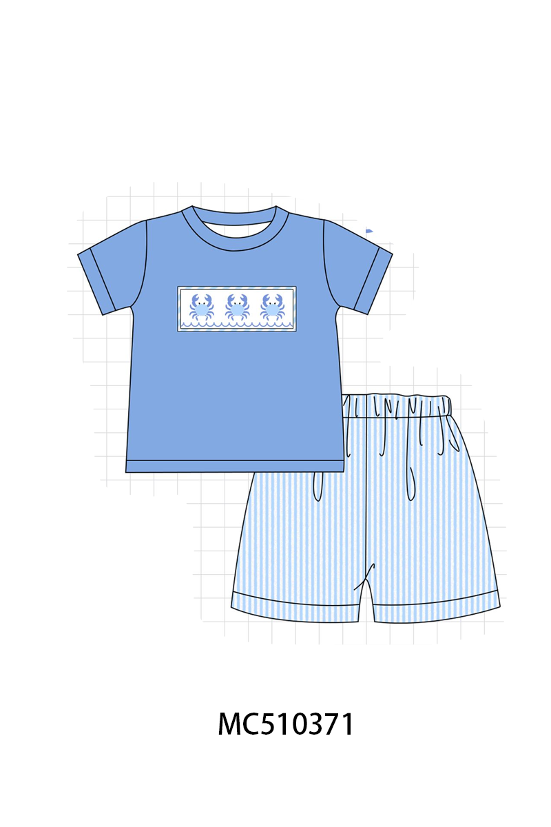 Blue crab embroidery seersucker shorts set