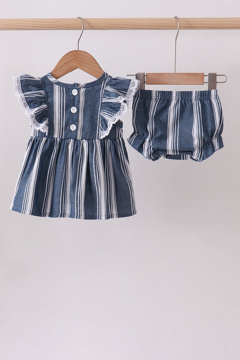 Navy stripe linen ruffle bloomers set