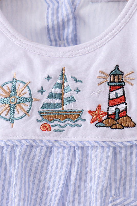 Blue sailboat seersucker bloomer set