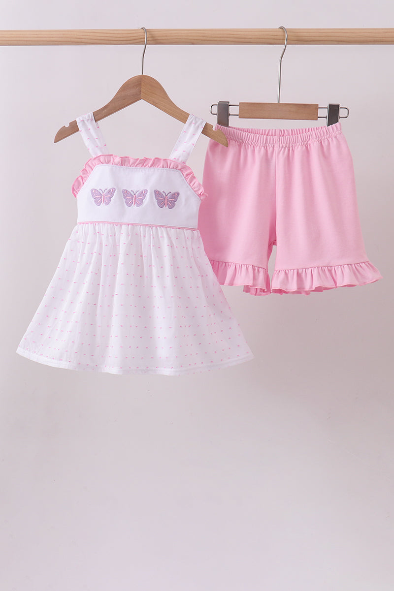 Purple butterfly embroidery swiss dot ruffle shorts set
