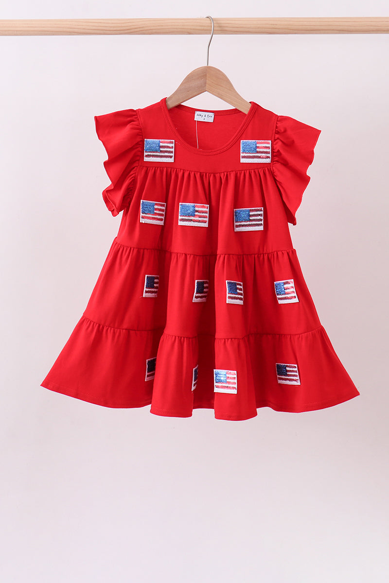 Red flag sequin tiered ruffle dress