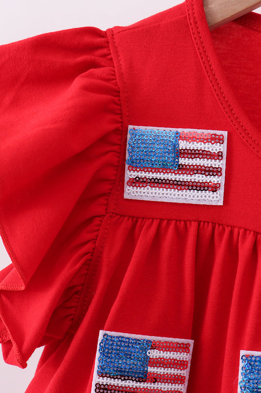 Red flag sequin tiered ruffle dress