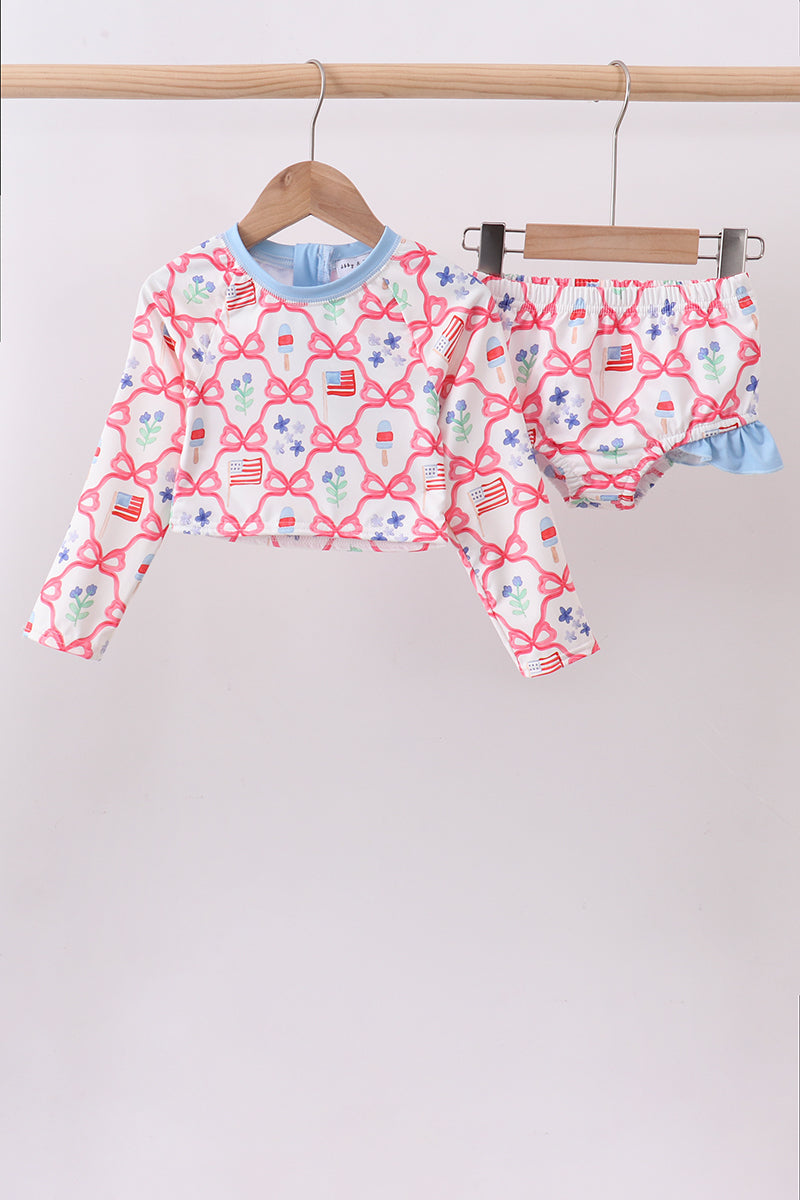 Blue floral bow tie ruffle 2pc swimsuit