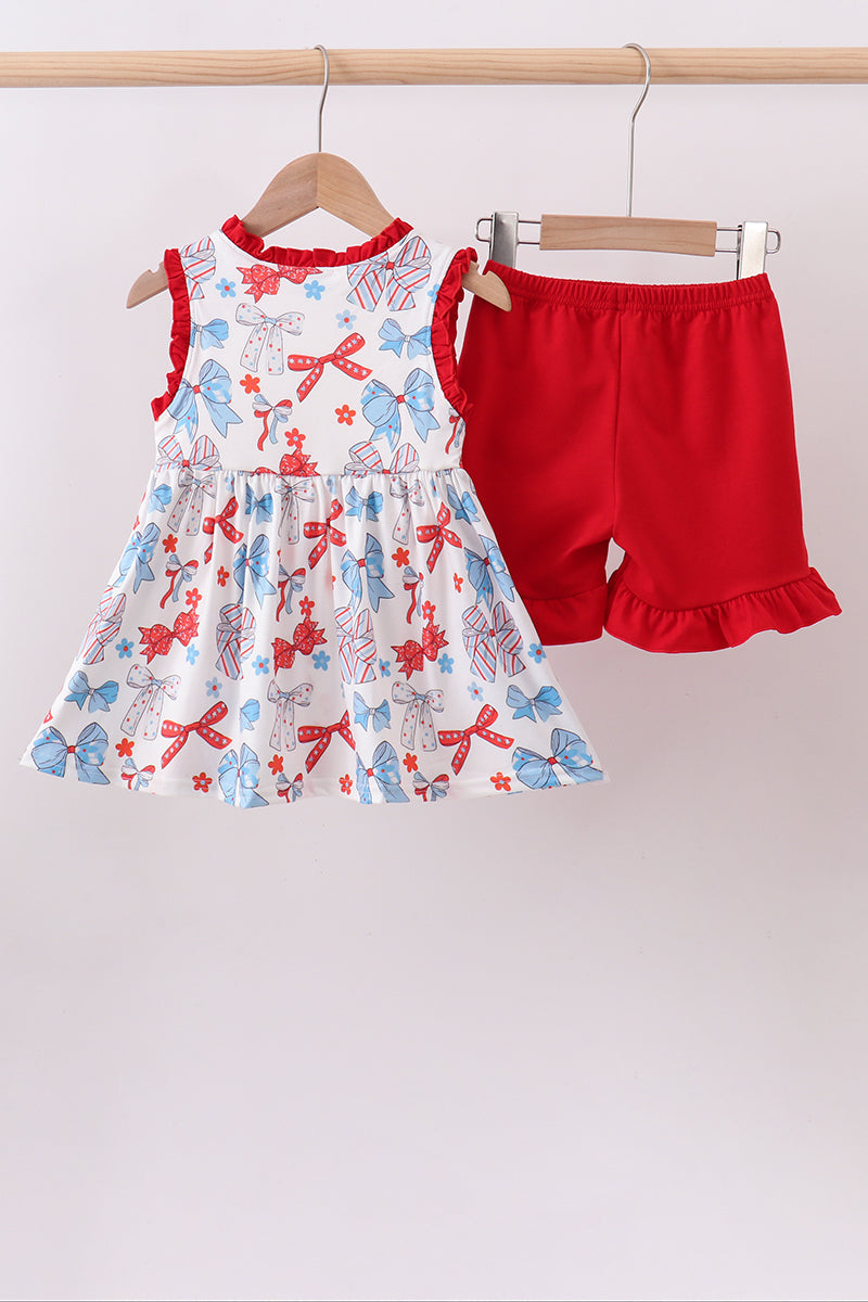 Red bow print ruffle shorts set