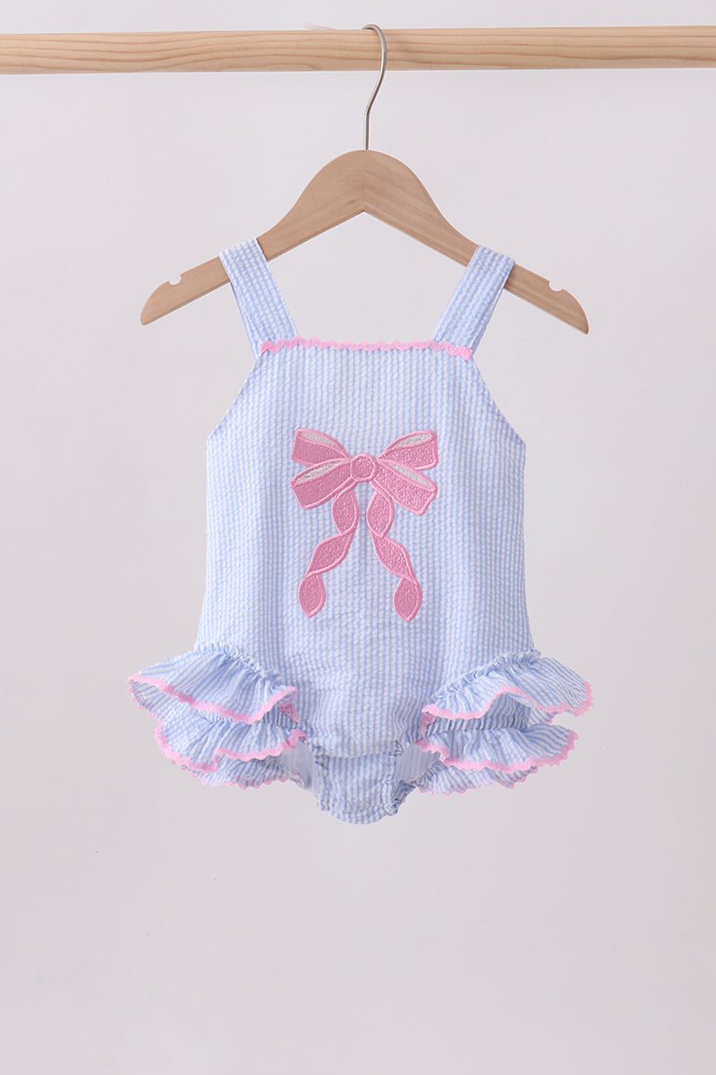 Blue bow embroidery seersucker ruffle swimsuit