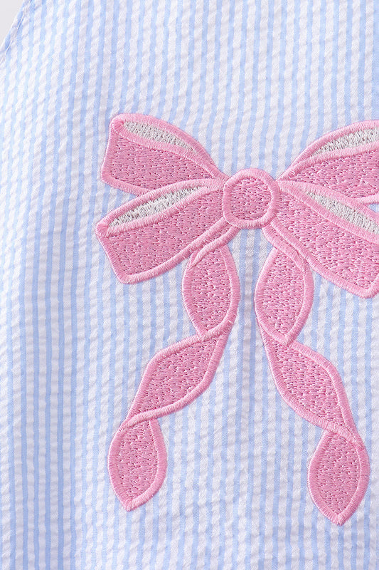 Blue bow embroidery seersucker ruffle swimsuit