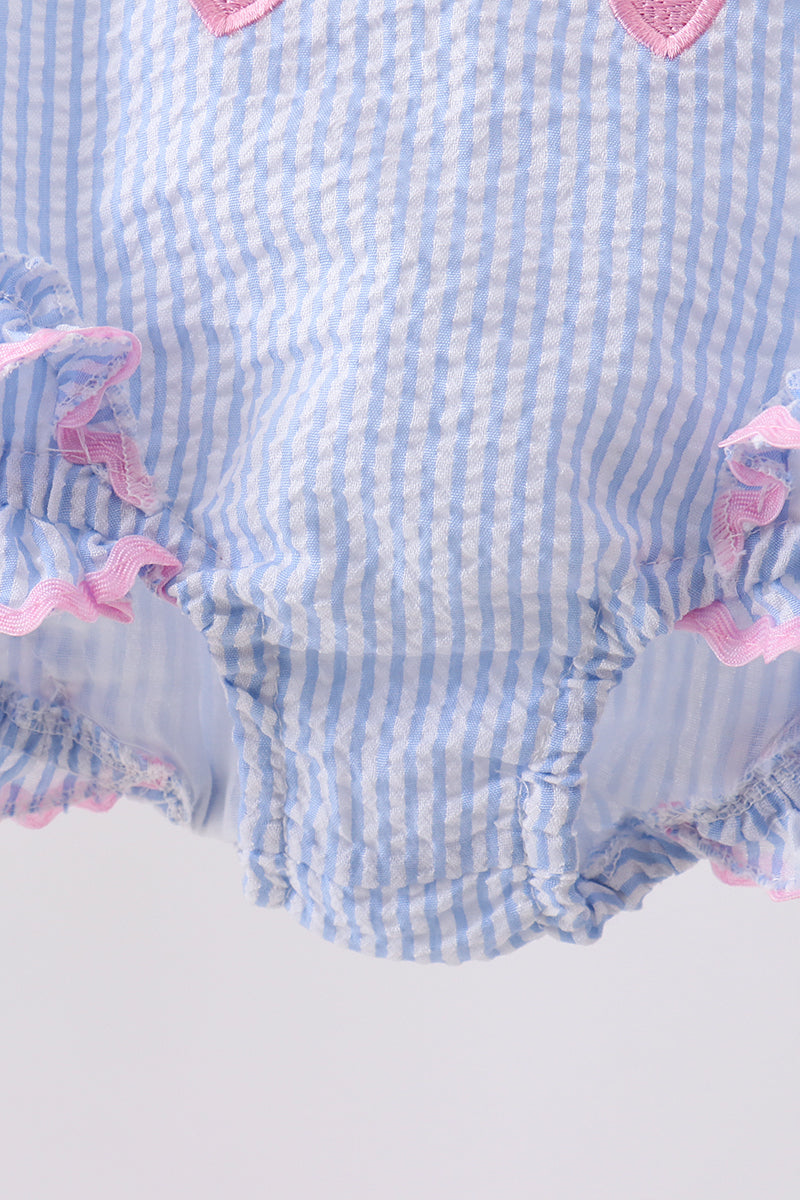 Blue bow embroidery seersucker ruffle swimsuit