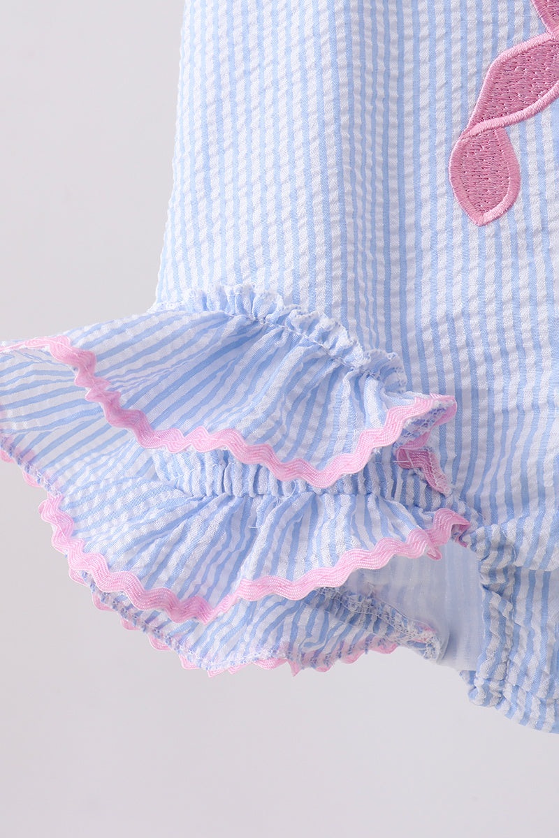Blue bow embroidery seersucker ruffle swimsuit