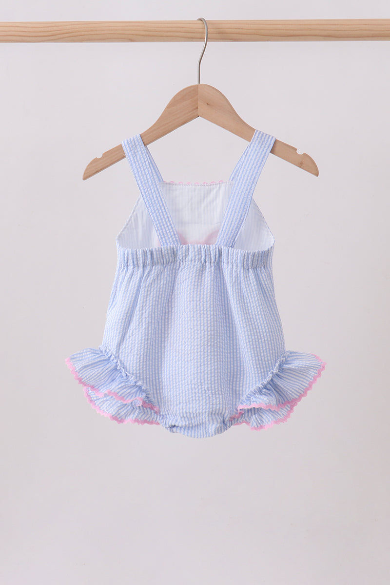 Blue bow embroidery seersucker ruffle swimsuit