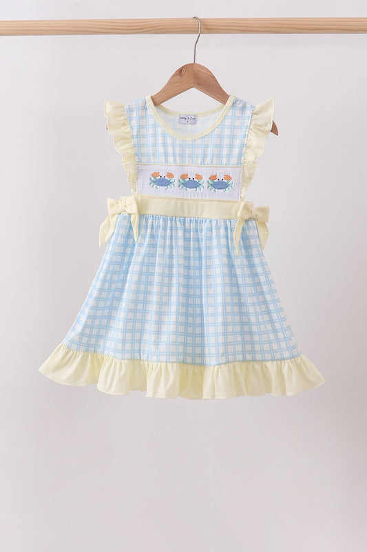 Yellow crab smocked gingham ruffle dress