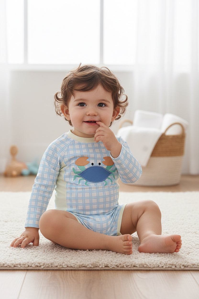 Blue crab applique plaid one-piece swimsuit