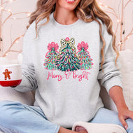 Merry and Bright, Colorful Pastel Christmas Trees, Bows, Ribbons, Santa Sweatshirt