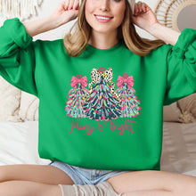 Load image into Gallery viewer, Merry and Bright, Colorful Pastel Christmas Trees, Bows, Ribbons, Santa Sweatshirt
