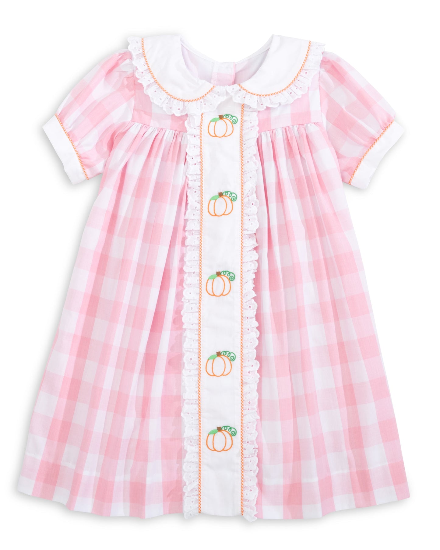 Proper Pumpkins Pink Gingham A-Line Dress with Pumpkin Embroidery