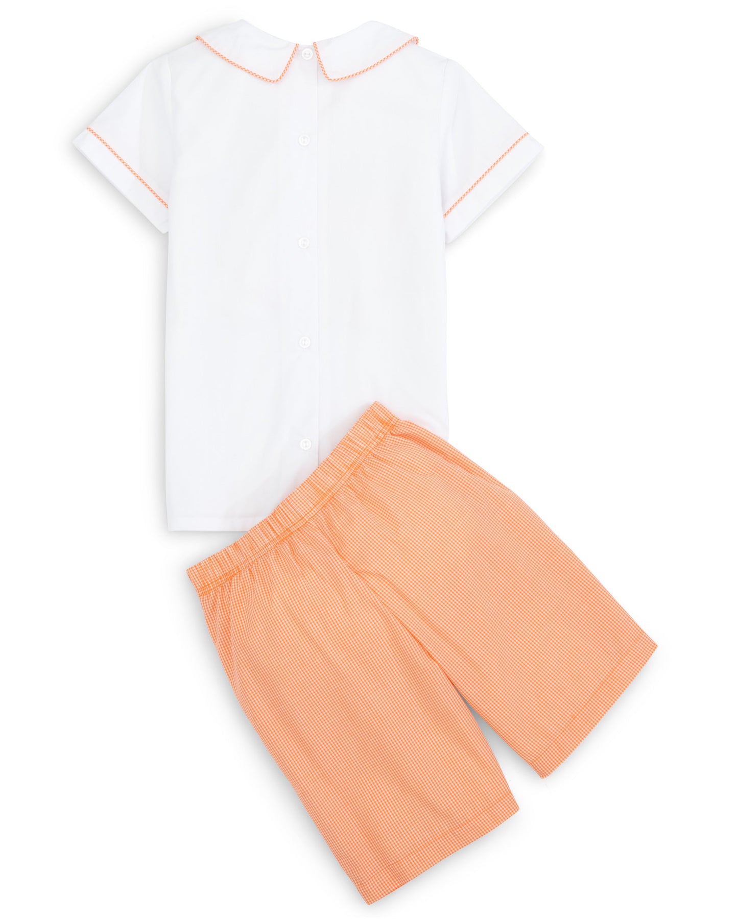Proper Pumpkins Embroidered White Woven Top & Orange Gingham Shorts Set
