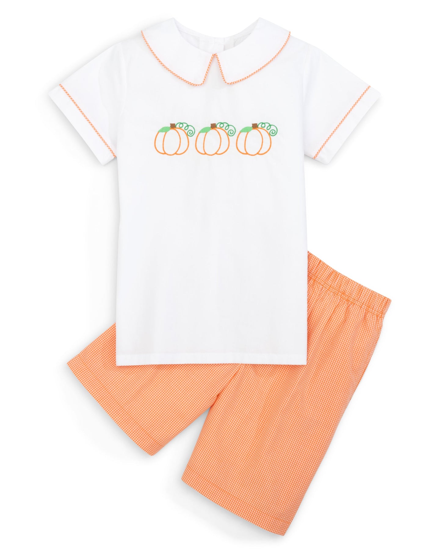 Proper Pumpkins Embroidered White Woven Top & Orange Gingham Shorts Set